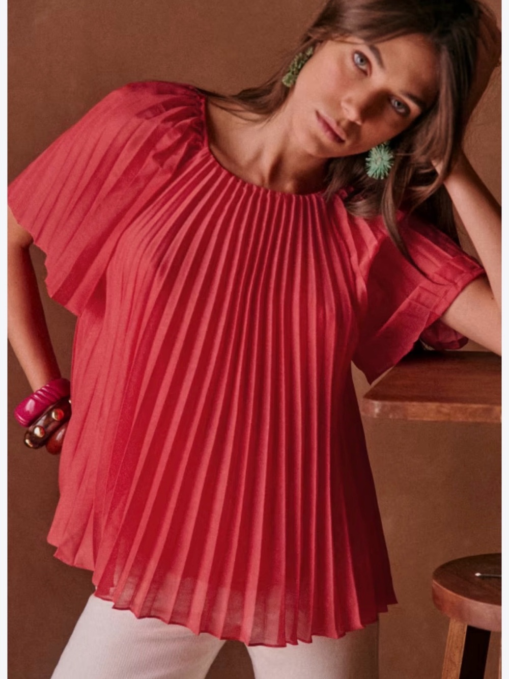 Sezane Romy Pleated Blouse Poppy Paris SZ 42/US 10